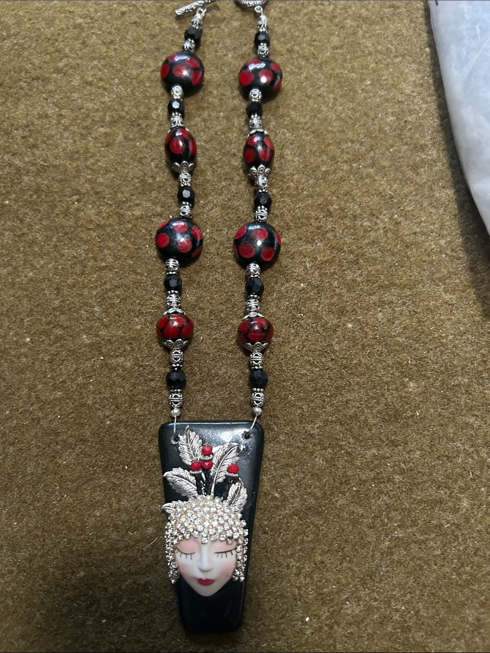 Handcrafted Black & Red Artisanal Face Pendant Necklace
